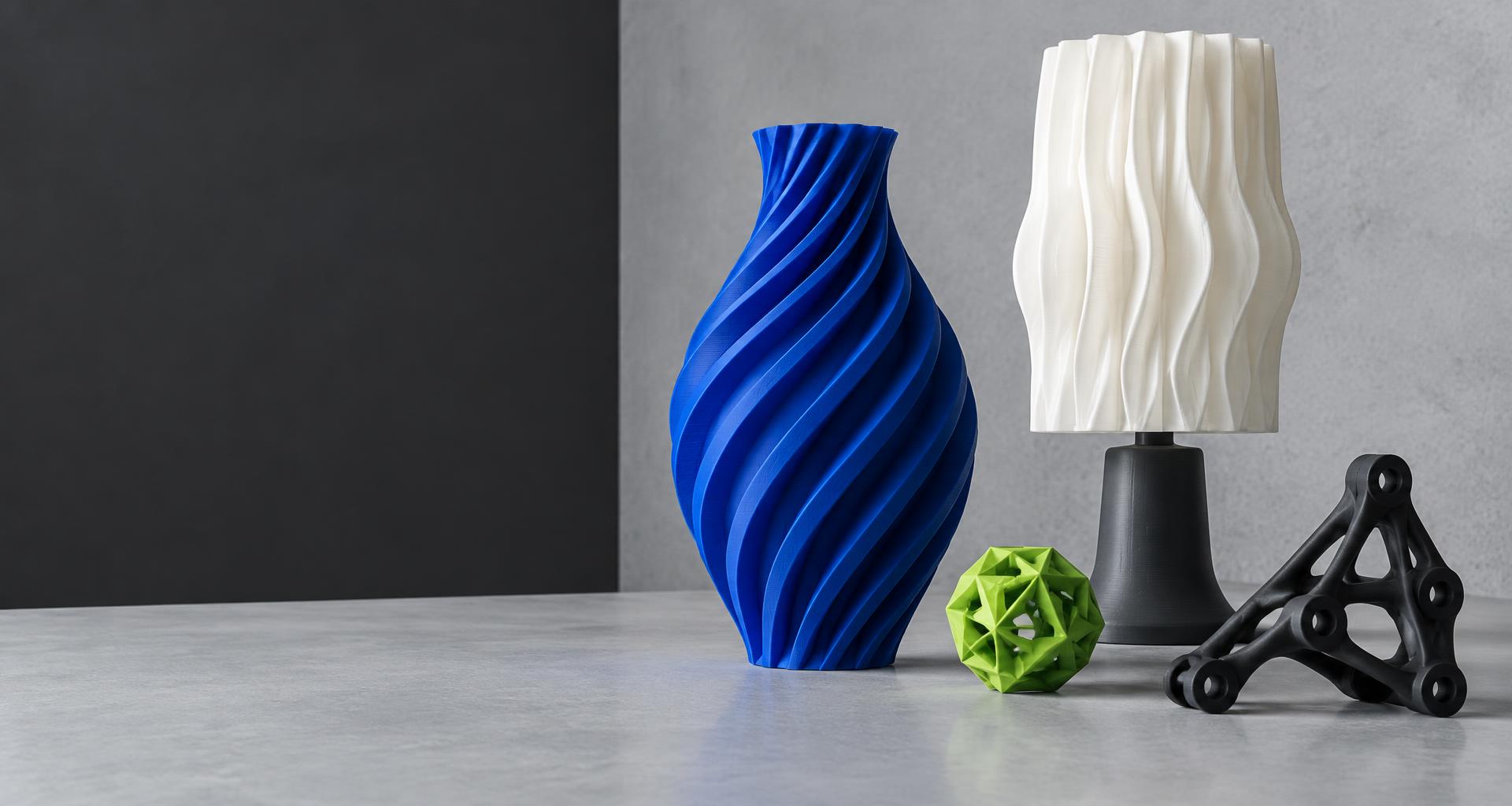 Cobalt sculptural vase, pleated shade and engineering bracket — 3D printing concept collection